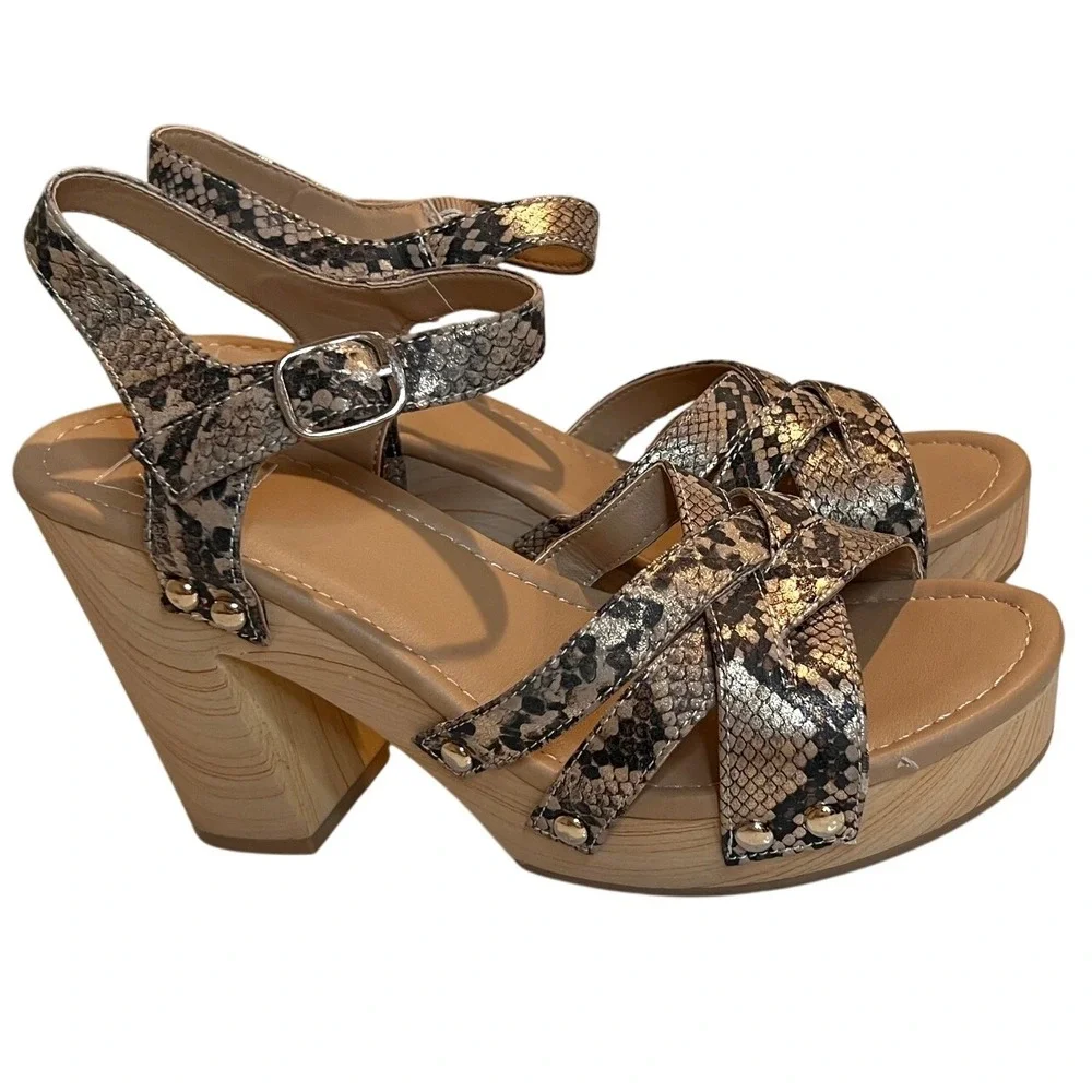 kaari blue‎ Women's Snake Print Platform Wedge Sandals Wood Heel; Ankle Strap